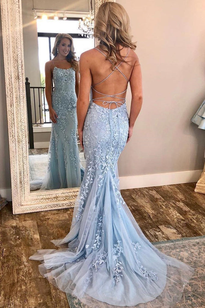 Elegant Spaghetti Straps Sky Blue Mermaid Backless Scoop Pageant Prom Dresses