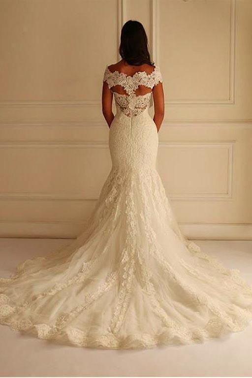 Off Shoulder Short Sleeves Mermaid Lace Wedding Dress with Appliques Bridal Dress