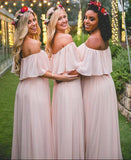 Elegant Off-the-shoulder Pastel Pink Ruffles Long Chiffon A-Line Bridesmaid Dresses