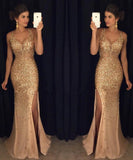 Elegant Gold Mermaid V-Neck Beads Side slit Tulle Long Evening Prom Dresses