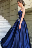 Elegant A-Line Spaghetti Straps Dark Blue Satin Prom Dress with Beading Pockets