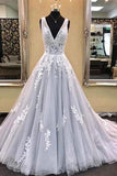 Gray V-Neck Tulle Lace Appliques Sleeveless A-Line Lace-up Long Prom Dresses