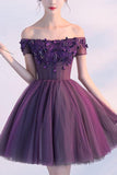 Cute A line Dark Purple Off-shoulder Short Sexy Appliqued Homecoming Dress with Beads