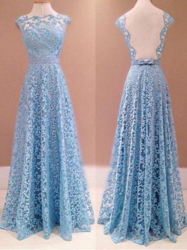 Elegant A Line Lace Appliques Long Blue Open Back Prom Dresses Homecoming Dresses