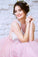New Arrival Princess Scoop Neck Tulle with Appliques Lace Floor-length Pink Prom Dresses