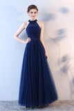 Elegant A-Line Blue Halter Tulle Long Open Back Beads Lace up Prom Dresses