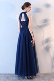 Elegant A-Line Blue Halter Tulle Long Open Back Beads Lace up Prom Dresses