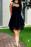 2024 Cute Little Black High Neck Tulle Tea Length Short Prom Dresses Homecoming Dresses