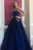 Elegant A-Line Spaghetti Straps Dark Blue Satin Prom Dress with Beading Pockets