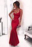 Sexy Low Neck Dark V-Neck Backless Red Satin Mermaid Long Custom Prom Dresses