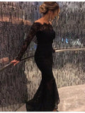 2024 New Style Mermaid Long Sleeves Black Lace Scoop Long Evening Dresses
