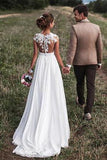 2024 Lovely Off White Lace Appliques Cap Sleeves Long Chiffon Beach Wedding Dresses