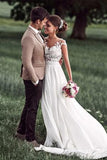 2024 Lovely Off White Lace Appliques Cap Sleeves Long Chiffon Beach Wedding Dresses