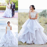 2024 Sparkly Beads Ruffles Organza Scoop Cap Sleeve Lavender Prom Wedding Dresses