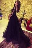 A Line Long Sleeve Slit Black Tulle Lace Appliques Backless Sweetheart Prom Dresses