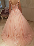Gorgeous Ball Gown Round Neck Sweetheart Open Back Peach Lace Long Prom Dresses