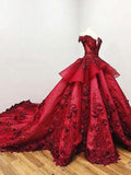 2024 Chic Ball Gown V Neck Beads Appliques Red Off-the-Shoulder Long Prom Dresses