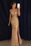 Elegant Gold Mermaid V-Neck Beads Side slit Tulle Long Evening Prom Dresses