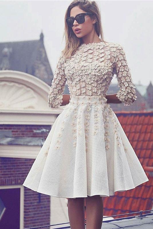 Glamorous Lace Short Flowers A-Line 3/4 Sleeves Hoco Knee-Length Homecoming Dresses