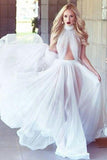 2024 A-line Cheap Long Sexy Simple Ivory High Neck Sleeveless Tulle Prom Dresses