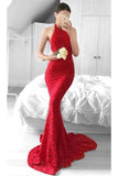 Glamorous Mermaid Red Lace Halter Evening Dress Backless Sleeveless Prom Dresses