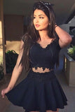 Cute A-Line V-Neck Black Sleeveless Lace Satin Appliques Homecoming Dresses