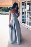 Elegant A-line Straps Backless Sleeveless Satin V-Neck Blue Long Prom Dresses