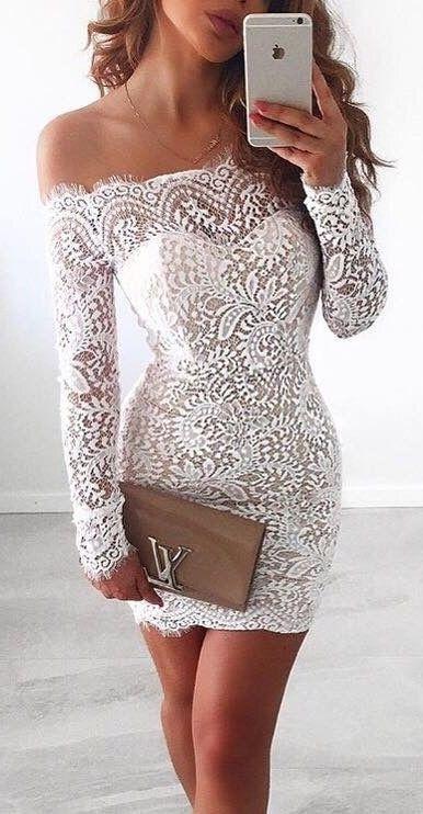 White Lace Bodice Off shoulder Long Sleeves Mermaid Homecoming