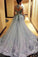 Gorgeous Ball Gown Princess Long Sleeves Tulle Gray Long Prom Dresses