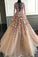 Elegant Floral Scoop Lace Long Sleeve Pink Prom Dresses with Tulle Long Evening Dresses