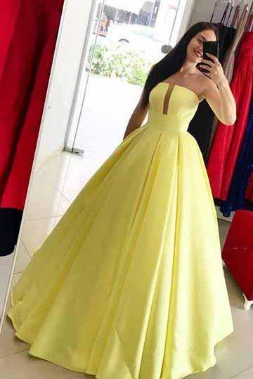 Princess Yellow Prom Dresses Ball Gown Simple Strapless Long Party Dresses