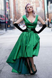 Elegant Sexy A-Line Deep V-neck Cap Sleeve High Low Green Taffeta Prom Dresses