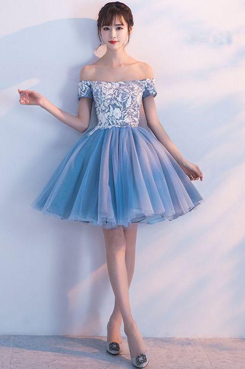 Cute A Line Off the Shoulder Above Knee Blue Short Prom Dresses Homecoming Dresses