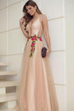 Elegant A Line V Neck Spaghetti Straps Tulle Sleeveless Appliques Long Prom Dresses