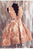 Cute A-line Deep-V Neck Lace Appliqued Short Prom Dress Beads Homecoming Dresses