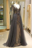 Elegant A Line V Neck Long Sleeves Tulle Grey Prom Dresses with Beading