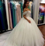 Wonderful Ball Gown Beaded Off the Shoulder Sweetheart Tulle White Wedding Dresses