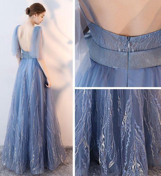 Elegant A-Line Blue Tulle V-Neck Backless Sleeveless Sweep Train Prom Dresses