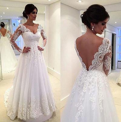Long Sleeves White Lace Wedding Dresses V Neck Beach Wedding Dress Bridal Gowns