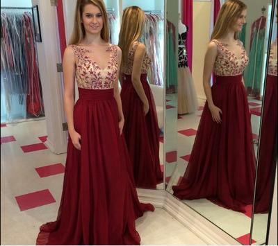 Hot Sales Lace Chiffon Champagne V-Neck Open Back Long Cheap Wine Red Prom Dresses