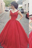 Elegant Ball Gown Cap Sleeve Appliques Sweetheart Lace up Red Long Prom Dresses