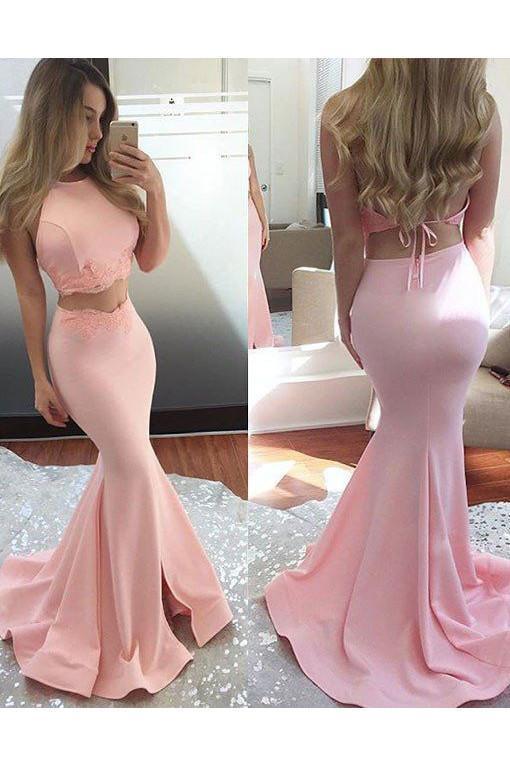 Long Satin Two Piece Sleeveless Sexy Mermaid Pink Halter Open Back Evening Dresses