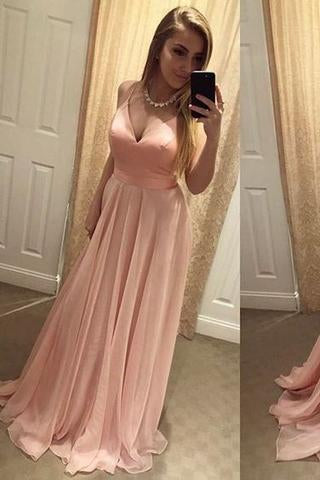 Sexy Blush Pink Backless Simple Long V-Neck Spaghetti Straps Backless Prom Dresses