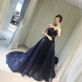 Elegant A-Line Strapless Navy Blue Sparkly Long Prom Dress