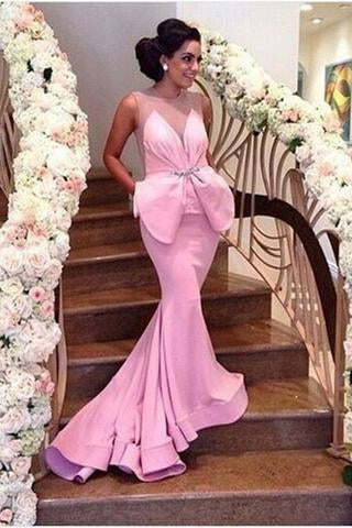 Pink Mermaid Satin Sheer Backless Prom Dress Sexy Formal Dress Bling Prom Dresses