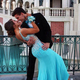 New Top Mermaid Straps Sleeveless Diamond Blue Long Prom Gown Party Dresses