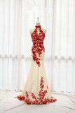Fashion Champagne Prom Dress Tulle Formal Gown Red Prom Dresses Lace Evening Gowns