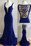 Elegant royal blue chiffon long beading prom dress see through back halter evening