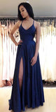 Elegant Spaghetti Straps V Neck Royal Blue Side Slit Prom Dresses Long Evening Dresses