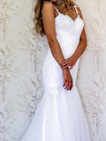 White Lace Mermaid Sweetheart Tulle Spaghetti Straps Backless Affordable Wedding Dresses